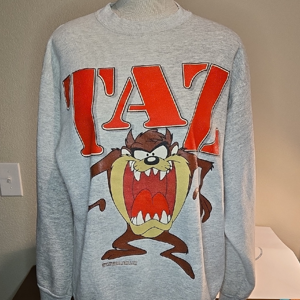Vintage 1992 Looney Tunes Taz Gray‎ Sweatshirt Velva Sheen Tag Adult Large